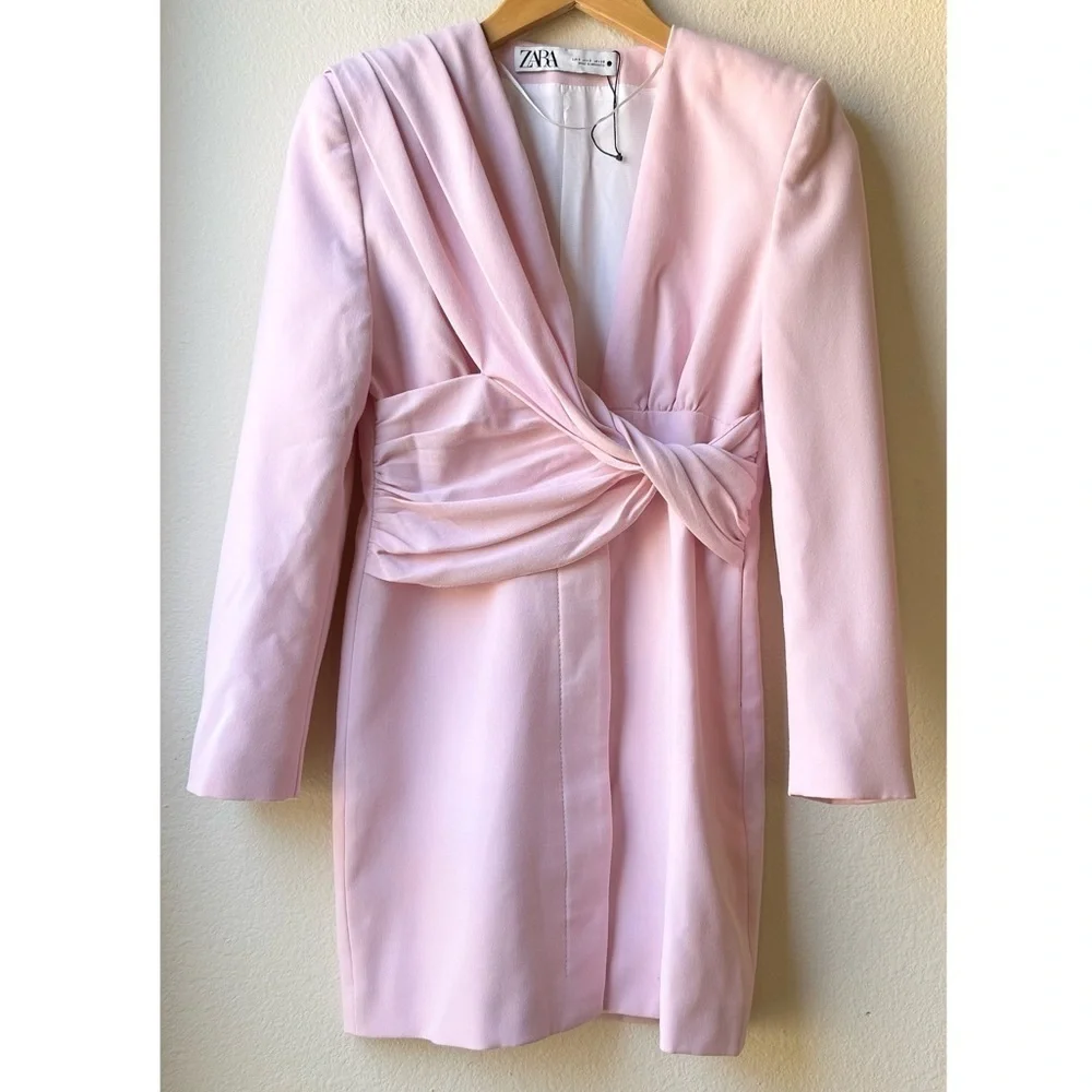 ZARA DRAPED BLAZER DRESS Barbiecore Barbie Core Mini Twist Front Sz S - Picture 3 of 16